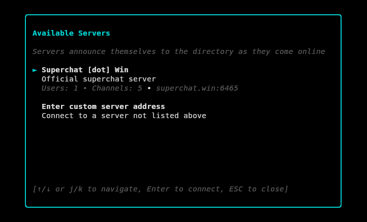 SuperChat server selector showing discovered servers